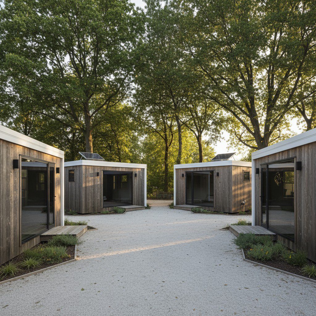 Small wooden cabins with white trim, surrounded by trees and gravel paths.